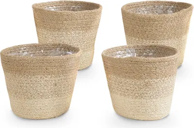 Produktbild von Bloomique - Geflochtener Blumentopf Gaby - Set mit 4 Töpfen - Beige - Jute - Korb für Pflanzen - Innen und Außen - H13x Ø12