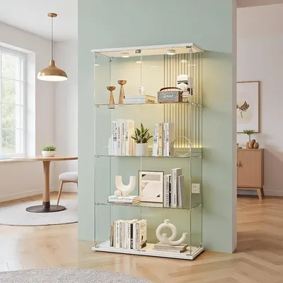 Produktbild von Glasvitrine Standvitrine mit LED,Glas Vitrine mit 4 Etagen,Glasvitrine Stehend mit 2 Glastüren abschließbar,Glas Vitrinenschrank,Sammlervitrine,Für Wohnzimmer,Schlafzimmer, Weiß