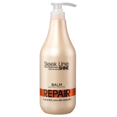 A bottle of hair balm with a pump dispenser.