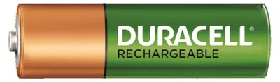 A single Duracell rechargeable AA battery against a white background.