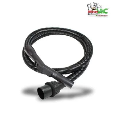 A vacuum cleaner hose with handle and connector on a white background.
