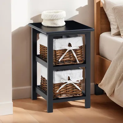 Produktbild von Nachttisch NOKOMIS mit zwei Weidenkörben - kleine Nachtkommode schwarz, Nachtschrank aus Holz, Beistelltisch landhaus