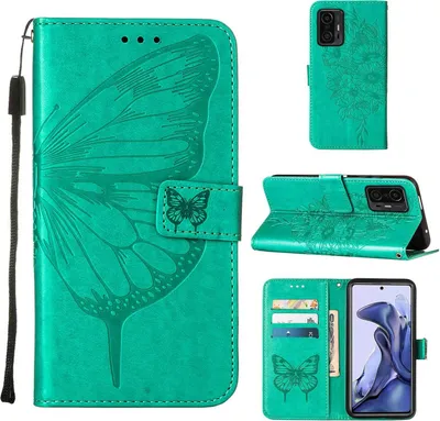 Produktbild von Xiaomi 11T Pro Hülle, Schmetterling Prägung Flip Leder Kartenfächer Schutzhülle Ledertasche mit Ständer für Xiaomi 11T／11T Pro 5G Grün