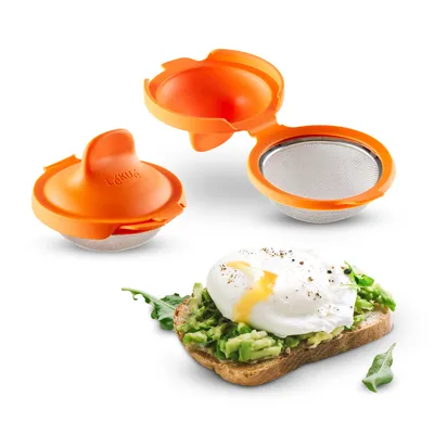 A set of orange egg poachers and a poached egg on toast with avocado.