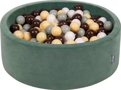 Zdjęcie produktu dla KiddyMoon suchy basen okrągły velvet z piłeczkami 7cm zieleń lasu: zielonoszary-pastelowy żółty-brązowy-biały 90x30cm/200piłek zabawka basen piankowy