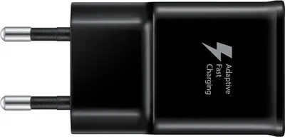A black fast charging adapter with two prongs for a power outlet.