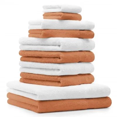 Produktbild von Betz 10-tlg. Handtuch-Set PREMIUM 2 Duschtücher 4 Handtücher 2 Gästetücher 2 Waschhandschuhe Farbe: orange & weiss