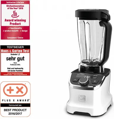 A white Novis stand mixer blender with awards and certifications displayed next to it.