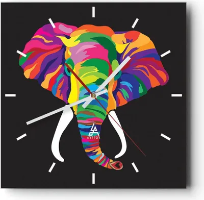 Produktbild von Wanduhr - Quadrat - Glasuhr - Elefant spaß bunt tier - 30x30cm - Schleichendes Uhrwerk - Lautlos - zum Aufhängen bereit - Dekoration Modern - Wanddekoration aus Glas - C3AC30x30-2928