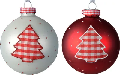 Produktbild von Weihnachtskugeln Glas 8cm mit Tannenbaum Motiv 12er Set rot / weiß