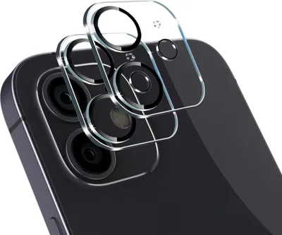 A close-up shot of a clear camera lens protector with black rings, placed over the camera lenses of a dark smartphone.