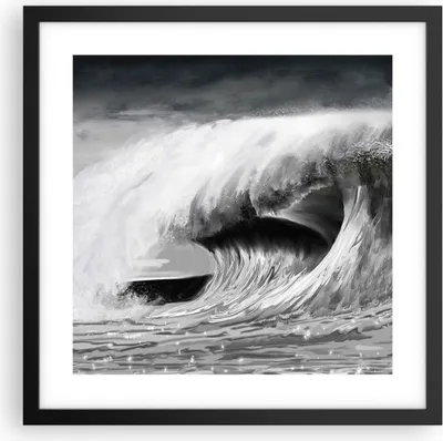 Produktbild von Gerahmtes Poster - Schwarzer Rahmen - Welle Zeichnung Schwarzweiß - 40x40 cm - Wand Bild - Wanddeko - Wandbilder - Wandposter - Bilderrahmen - Bilder - Kunstdruck - Wandbild - P2BAC40x40-4264