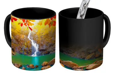 Obrázok produktu pre MuchoWow® Magický pohár Kamene - strom - vodopád - jeseň - červená 350 ml Pohár na zmenu farby Darček Nápad na darček - Foto hrnček