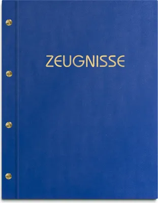 Produktbild von Zeugnismappe im blauen Einband in Lederoptik, mit hochwertigem Prägedruck in gold – handgefertigte Mappe für Zeugnisse inkl. 12 Sichthüllen