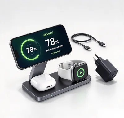 Produktbild von 3-in-1 Magnetische Ladestation für iPhone, Apple Watch und AirPods, Faltbar, MagSafe-kompatibel, 15W
