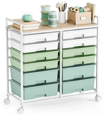 Image de Tablette de rangement sur roulettes avec 12 tiroirs, en plastique, avec plateau de travail en bois, de couleur rose, multifonctionnelle, idéale pour la salle de bain et le bureau