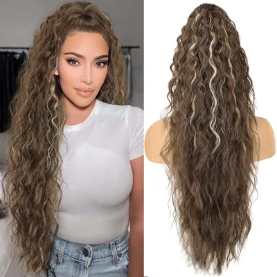 Immagine prodotto di Trecce per capelli con clip, parrucca lunga ondulata e riccia da 75 cm, color marrone con riflessi biondi