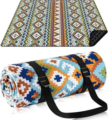 Image de Nappe de pique-nique 200 x 200 cm, XXL avec poignées, imperméable et fond isolant, lavable, pour 4 à 7 personnes (tissu bleu)