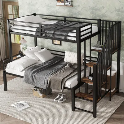 A bunk bed with a staircase in a bedroom setting.