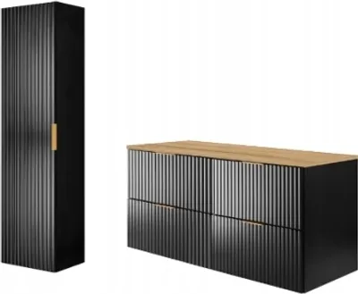 A tall black cabinet and a long black dresser with a wooden top are shown against a white background.