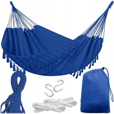 Produktbild von KRUMAD Hängematte Outdoor Boho-Stil 190x150 cm Blau 120 kg Belastbarkeit Mit Fransen Aufbewahrungstasche 2 Seilen Baumwolle-Polyester Outdoor Indoor