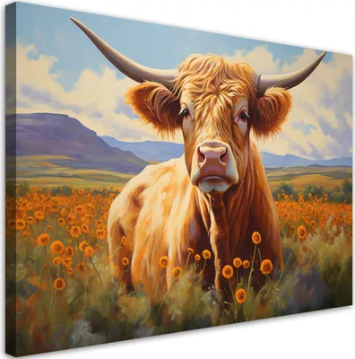Produktbild von Leinwandbild Schottische Kuh auf einer Wiese 120x80 Feeby Bunt bild für die wand bereit zum aufhängen