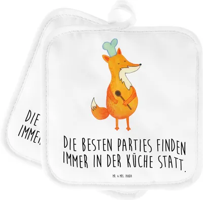 Produktbild von Mr. & Mrs. Panda Topflappen Fuchs Koch - Weiß - Geschenk, Chefkoch, topfhalter, Kochlappen, Bäcker, Geburtstag, Hungrig, Topfuntersetzer, 2er Set, Spruch Lustig