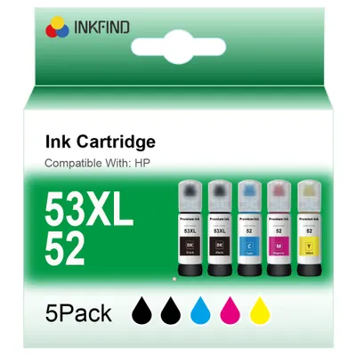 Produktbild von INKFIND GT53XL GT51*2 GT52 Tintenpatrone für HP GT53XL HPGT53XL HP GT51 HPGT51 HP GT52 HPGT52 Tintentank-Multipack 5 Stück (2 x Schwarz, 1 x C/M/Y) fü