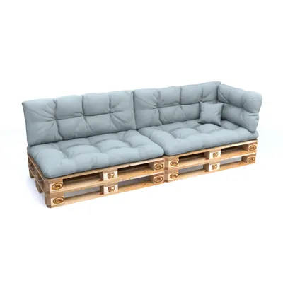 A pallet sofa with gray cushions on a white background.