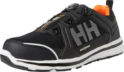 A black and orange work shoe is shown from the side against a white background.
