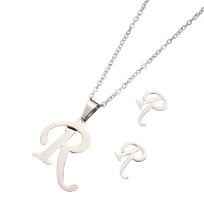 Produktbild von 26 Buchstaben-Halsketten, antiallergisch, lichtecht, personalisiertes Geschenk, Alphabet-Anhänger, Choker-Ohrringe, Kombination für Mädchen-Silbernes R-Set