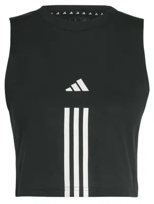 Immagine prodotto di Canotta sportiva Adidas da donna, linea Train Essentials, in cotone con le iconiche tre strisce, modello crop, colore nero/bianco