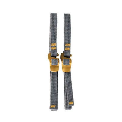 Two grey straps with yellow stitching and gold buckles, presented vertically against a white background.
