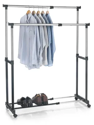 Produktbild von Garderobenwagen Rollgarderobe Kleiderständer  Garderobenständer Rollkleiderständer CASA in schwarz, 2 Kleiderstangen, Metallgestell verchromt, höhen- und breitenverstellbar