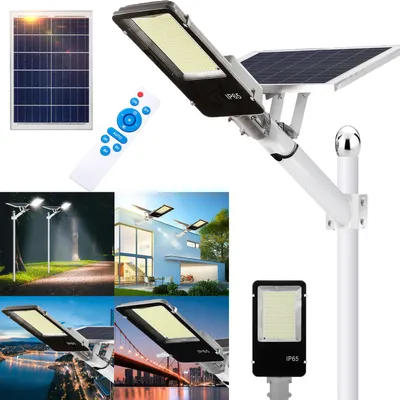 Image de Lampadaire solaire à 805 LED, 25 W, IP65, lampe solaire d'extérieur avec détecteur de mouvement, lampadaire à allumage crépusculaire et extinction à l'aube pour jardins, rues et garages
