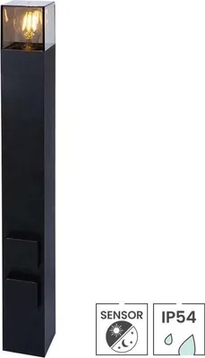 Produktbild von Außensteckdose auf Säule Dalarna | Dämmerungssensor | E27-Fassung | IP54 | 2 Steckdosen | 70 cm hoch | Mattschwarz
