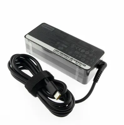 A black Lenovo laptop charger with a USB-C cable is shown against a white background.