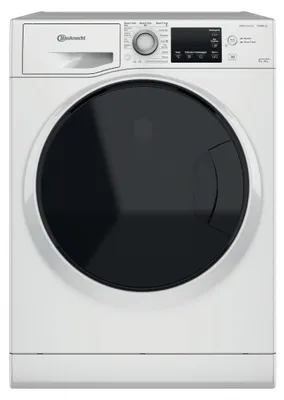 A front view of a white Bauknecht washing machine with a large black door.