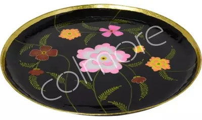 Produktbild von Dekoteller handpainted w/flowers Schwarz enamel w/Gold IR 60x60x5