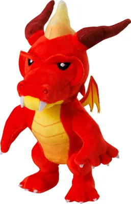 A plush toy dragon is shown standing against a white background.