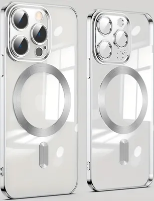 Two clear phone cases with silver accents are shown side-by-side against a light gray and white background.