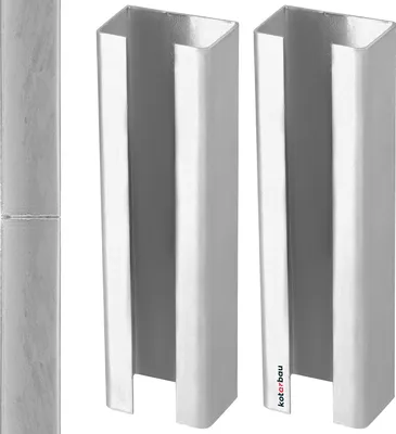 Two metal post extensions are shown side-by-side on a white background, with a vertical strip of marble-like material on the left.