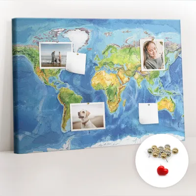 Obrázok produktu pre Korková tabuľa Tabuľa na poznámky Tabuľa na špendlíky - učebná pomôcka 100x70 cm - 100ks kovových  kolíkov - Mapa sveta