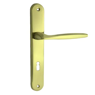 A golden door handle with a keyhole on a white background.
