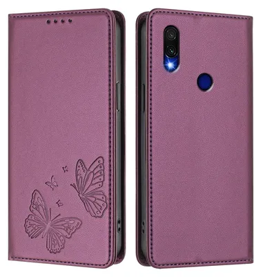 Produktbild von Lederhülle für Xiaomi Redmi 7, Schmetterling Prägung Leder Brieftasche Schutzhülle mit Ständer Lila