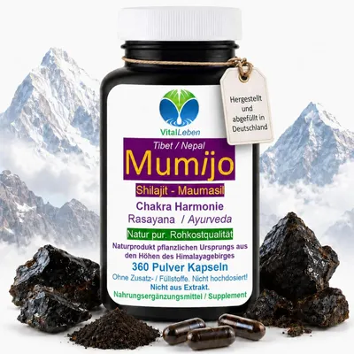Produktbild von ShilaJit reines Mumijo 360 Pulver Kapseln Ayurveda Gold der Berge 4000-5000m Höhe - Fulvinsäure & Huminsäure - Kein Extrakt Ohne Zusatzstoffe