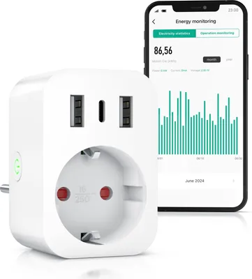 Produktbild von BEARWARE WLAN-Steckdose mit USB, 2,4Ghz WiFi Fernsteuerung per Smart life App, Sprachsteuerung, Zeitschaltuhr, Energiekostenmessgerät, USB-Ladegerät, Countdown Timer