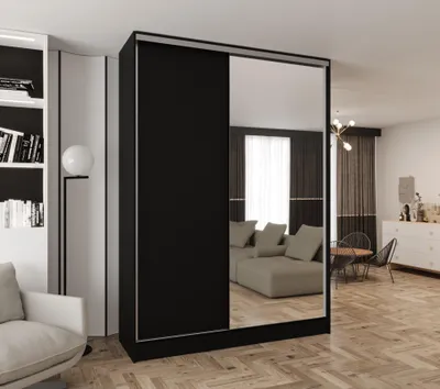 Produktbild von Schwebetürenschrank 2-türig 110x250x58 cm Schwarz mit Spiegel und 4 Schubladen – Moderner Kleiderschrank für Schlafzimmer und Flur