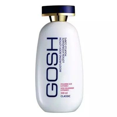 A white bottle of GOSH Moisturizing Body Lotion with a blue and gold cap, isolated on a white background.