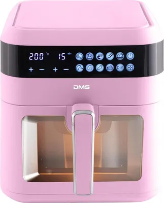 A pink air fryer with a digital display and control panel.